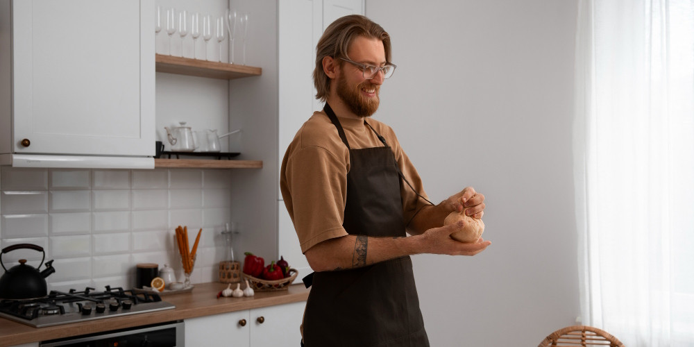 Happy chef holding a dish